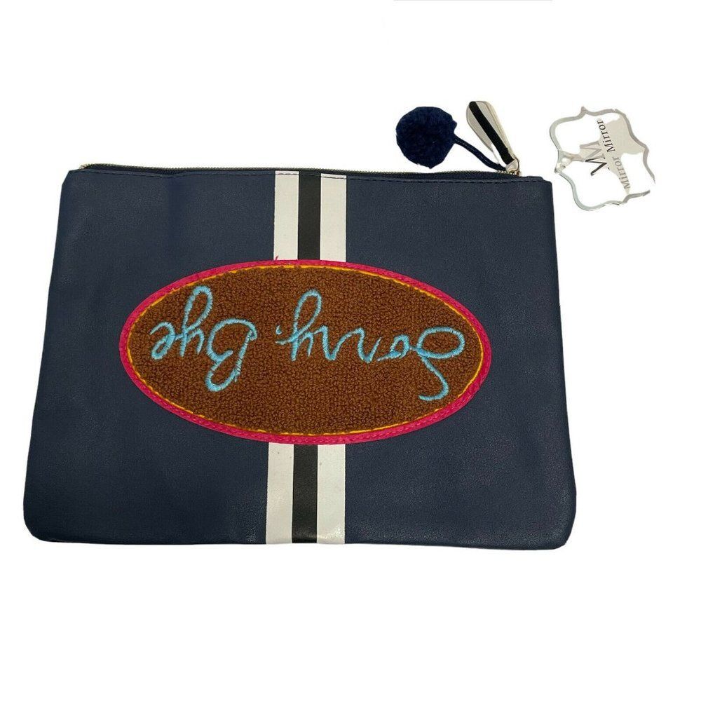 nwt mirror mirror “ Sorry Bye" Upside Down Cosmetic Pouch Bag Lined Fuzzy Blue